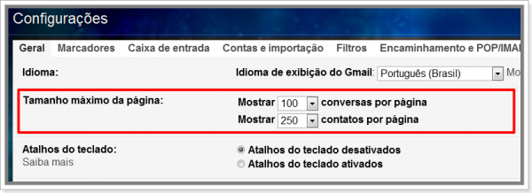 Como definir tamanho de página no Gmail