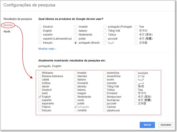 selecione os idiomas nos resultados do google