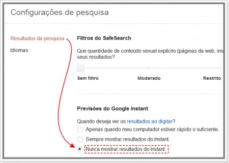 Nunca mostrar resultados do Instant 