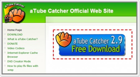 Imagem deDownload do aTube Catcher na página do desenvolvedor