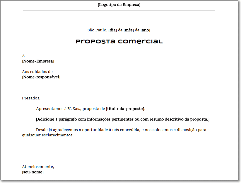 Modelo de proposta comercial com carta de apresentação em Google Docs