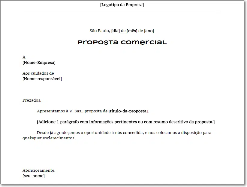 Modelo de proposta comercial com carta de apresentação em Google Docs