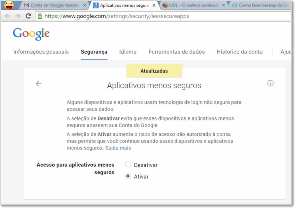 Ativar Aplicativos menos seguros
