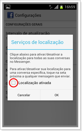 Remova a seleção para desativar a Localização do facebook para android