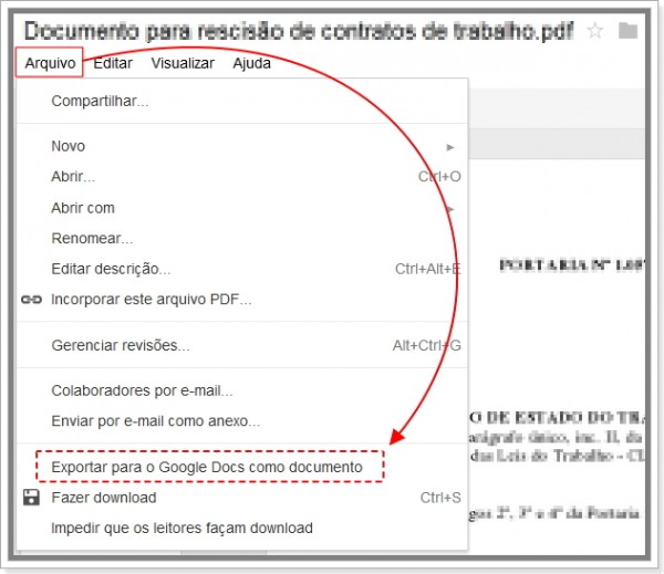 Menu do arquivo PDF no Google Docs