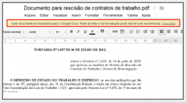 Mensagem de conversão do arquivo no Google Docs