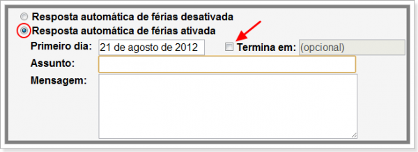 Não selecione data de termino na resposta automática do Gmail