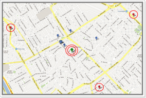 Ponto central em mapa do Google Maps com 3 locais distintos definidos. 