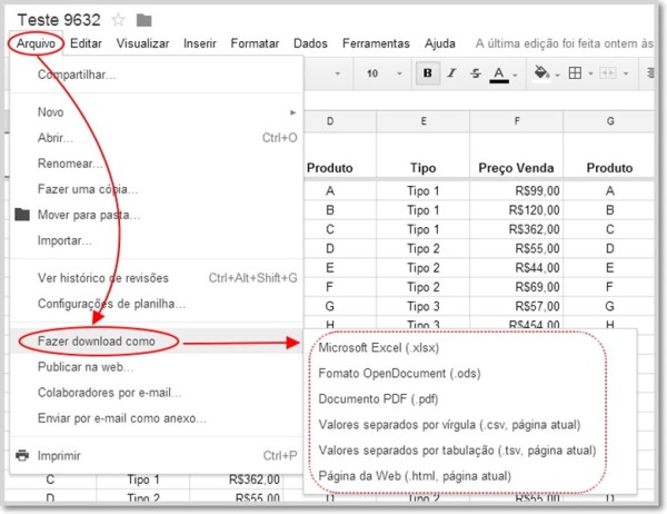 exportar dados na google planilha