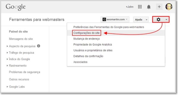 entrar nas Configurações do site no google webmaster tools