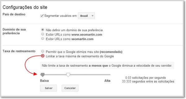 Limitar a taxa máxima de rastreamento do Google