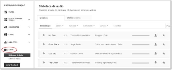 Biblioteca de áudio grátis do Youtube