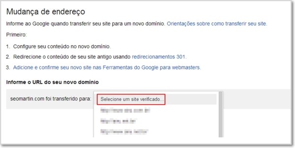 selecionar domínio para mudança