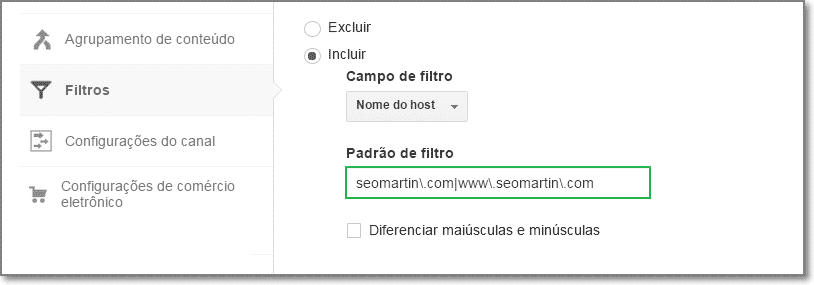 padrão de filtro de hostname no analytics