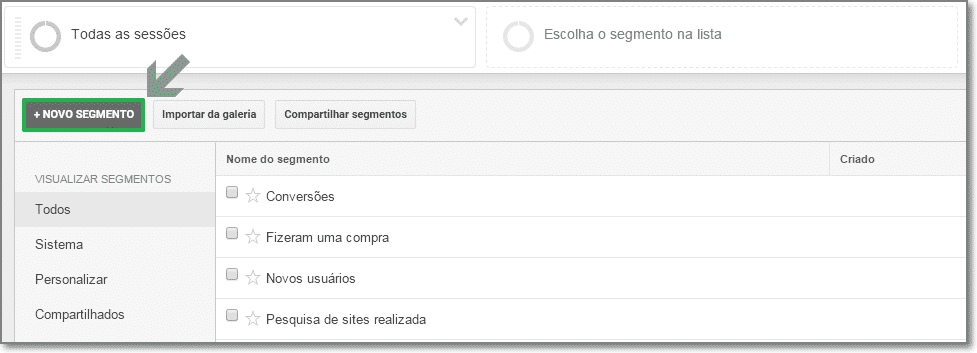 Crie um novo segmento no analytics