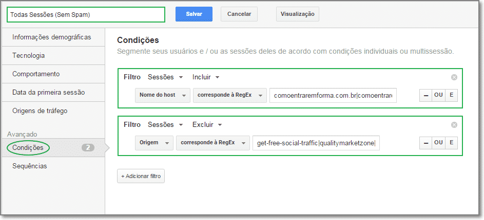 criar condições de segmento no analytics