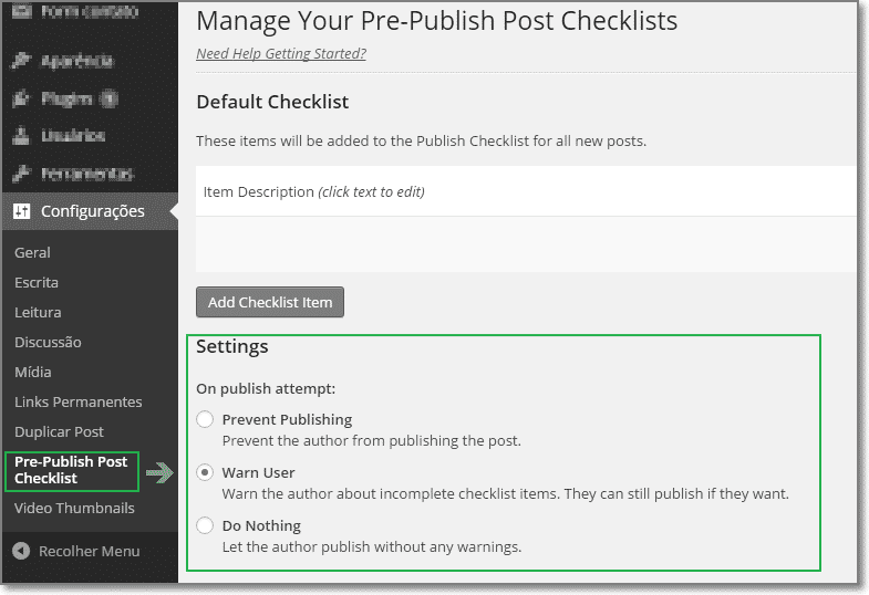 Configurar Pre-Publish Post Checklists