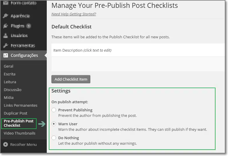 Configurar Pre-Publish Post Checklists