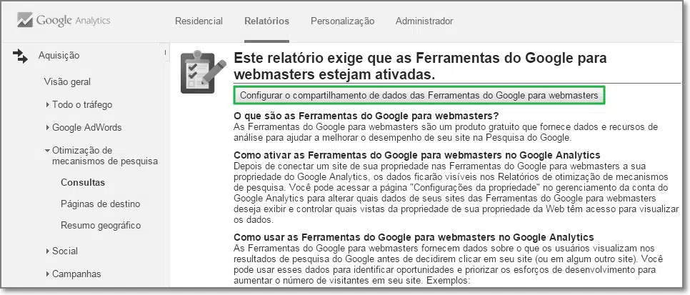 Configurar o compartilhamento de dados das Ferramentas do Google para webmasters