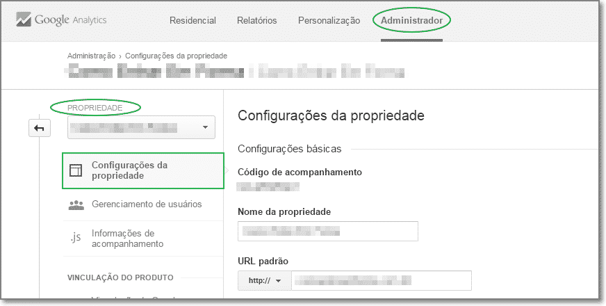 Configurações da propriedade analytics