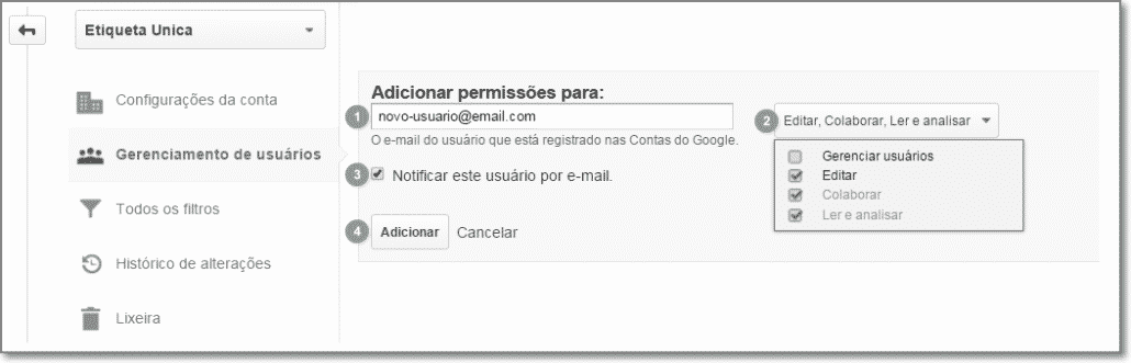 Adicionar usuário no google analytics