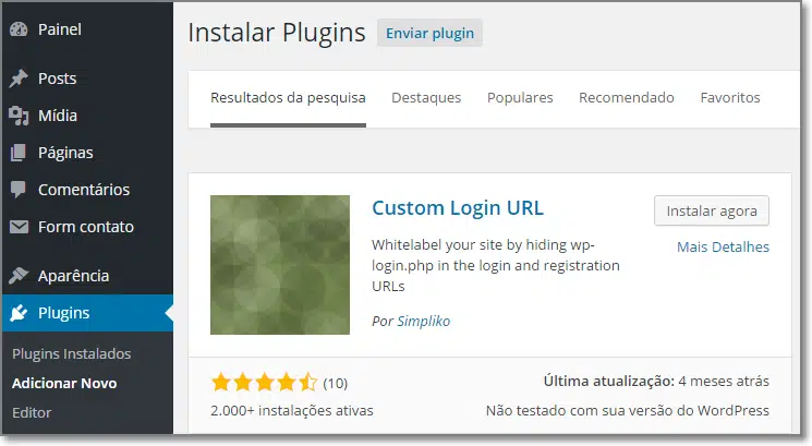 instalar e ativar o plugin Custom Login URL
