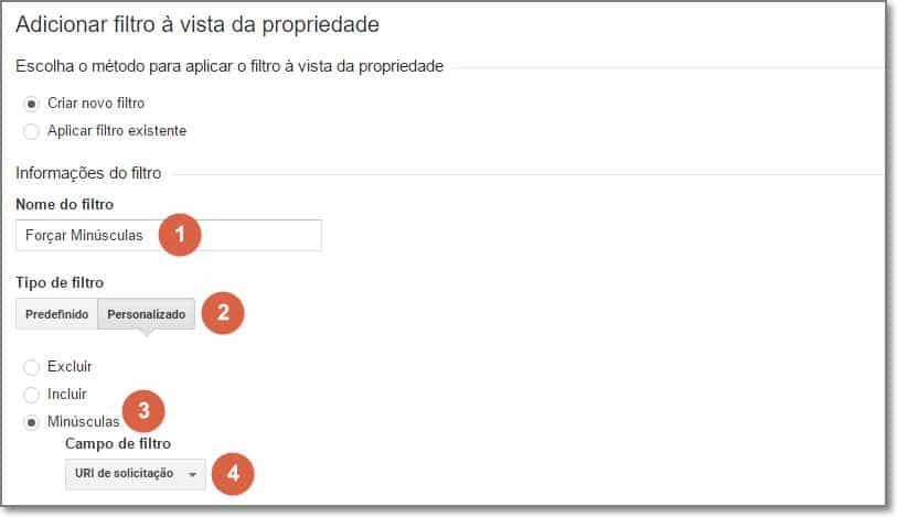 configurar filtro analytics forçar minúsculas