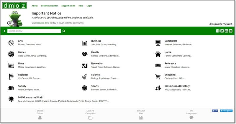 Home page Dmoz em 2017