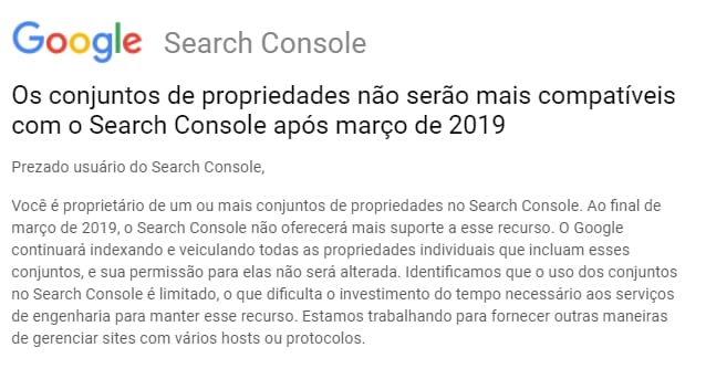 Conjuntos propriedades não serão mais compatíveis com o Google Search Console após março de 2019
