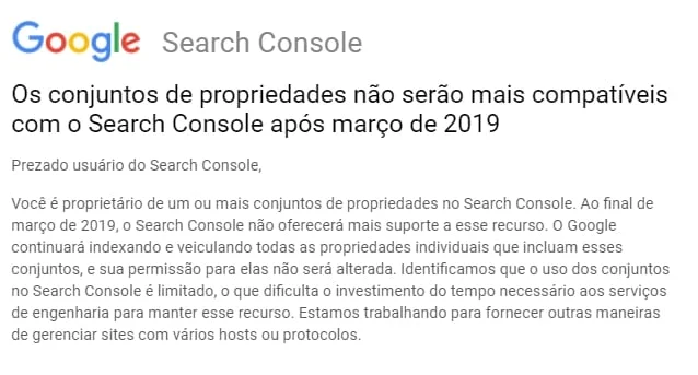 Conjuntos propriedades não serão mais compatíveis com o Google Search Console após março de 2019