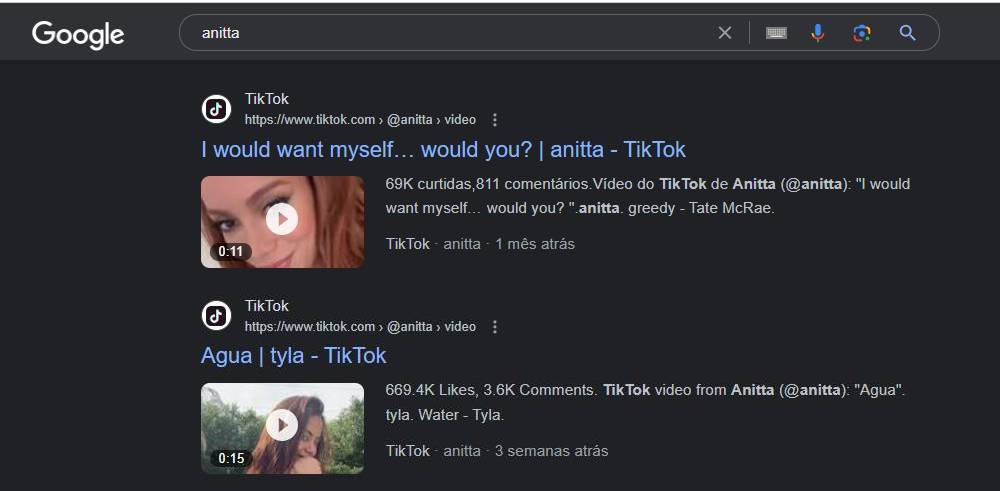 vídeos do tiktok da anitta indexados no google